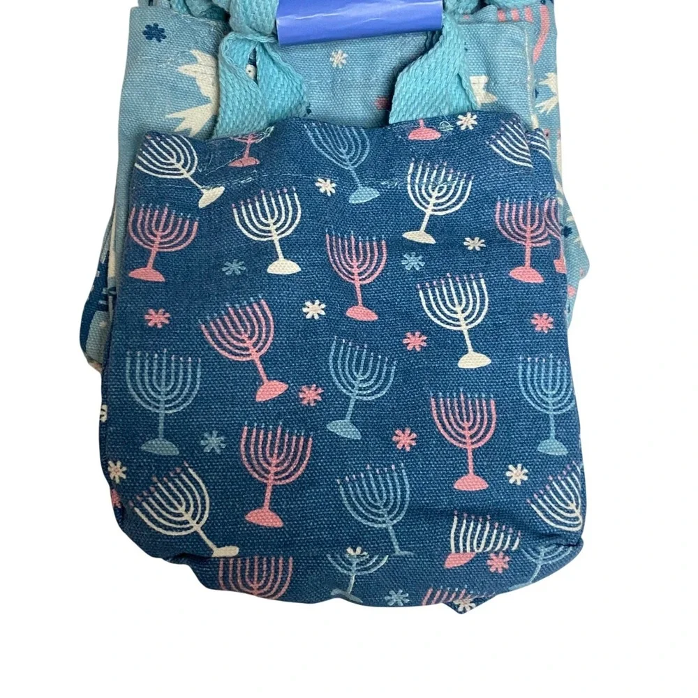 Festive Lights Set of 8 Hanukkah Gift Tote‎ Bags Blue Chanukah Menorah Dreidel